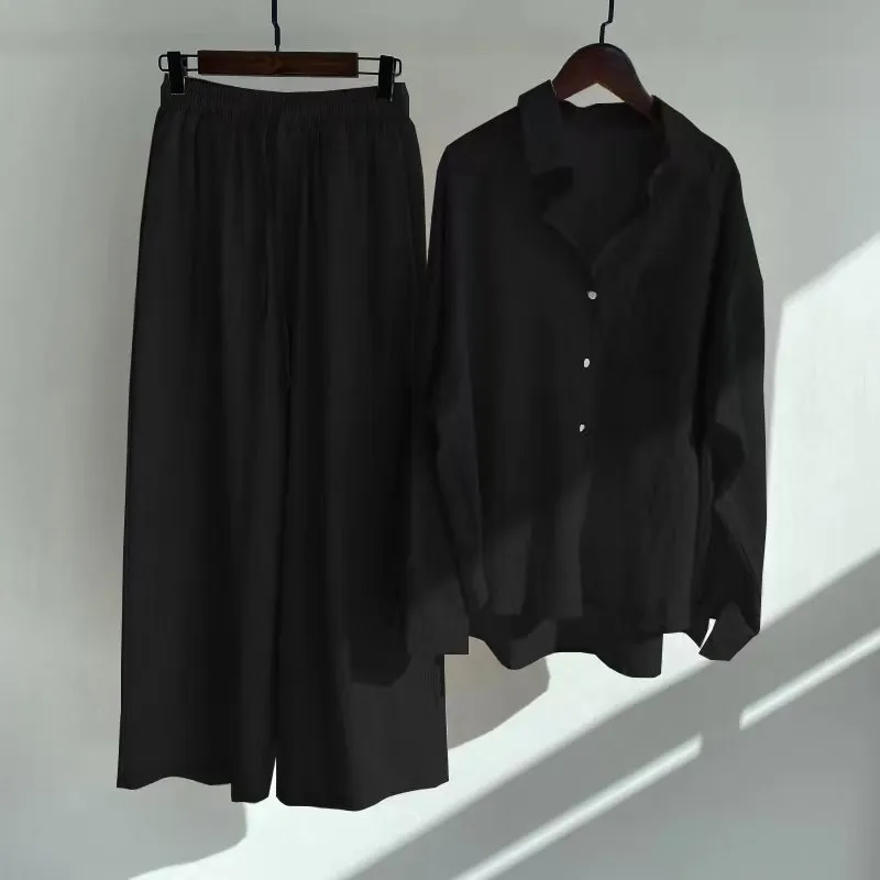 Women's 2-piece Retro Plus Size Shirt Outfit High Waist Loose Trousers - Black