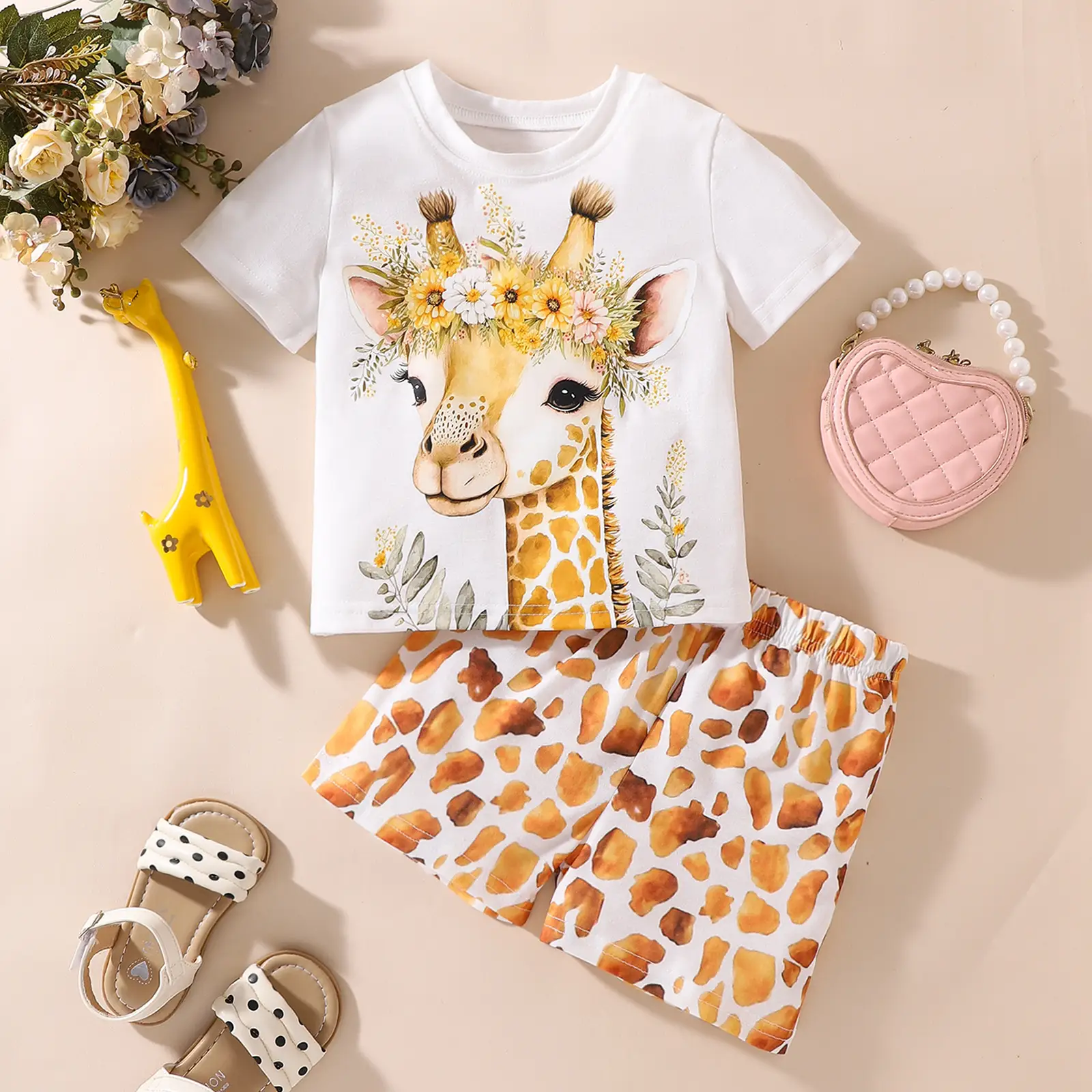 Cartoon Cute Giraffe White Short-sleeved T-shirt Spotted Shorts