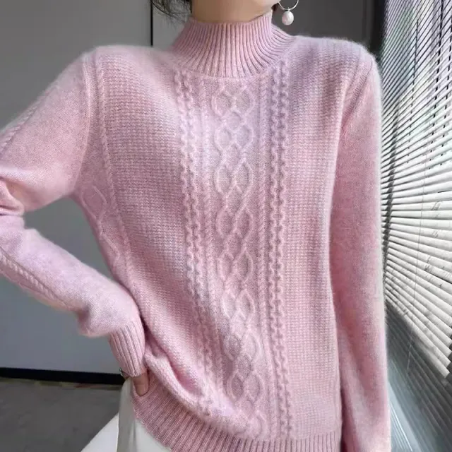 Women's Half Turtleneck Sweater Autumn And Winter New Soft Glutinous Loose Sweater Pink - Shop at LoveMi