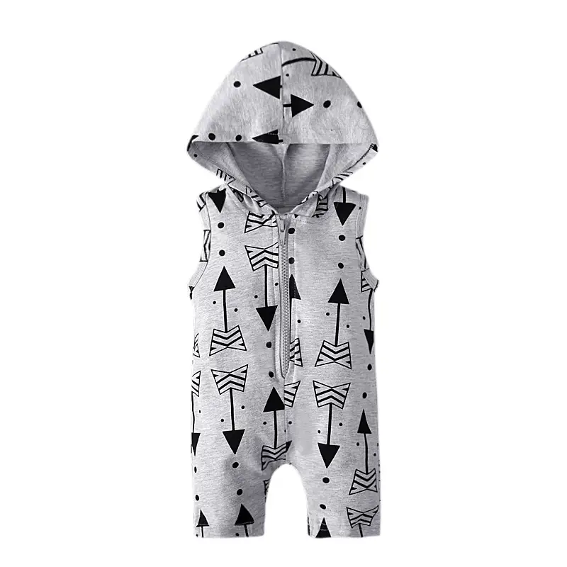 Children's European And American Summer Sleeveless Gray White Arrow Print Hooded Jumpsuit Zipper Romper Children's Clothing