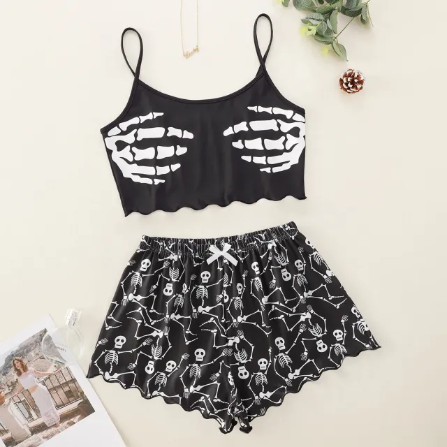 Halloween Pumpkin Print Sleeveless Sling Top Shorts Home Wear Pajamas Black - Shop at LoveMi