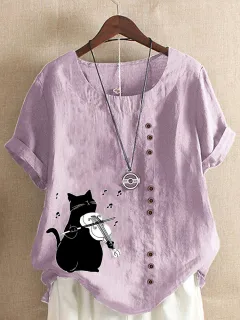 Summer Cotton And Linen Short Sleeve Top Cartoon Printed T-shirt - Purple - View 1