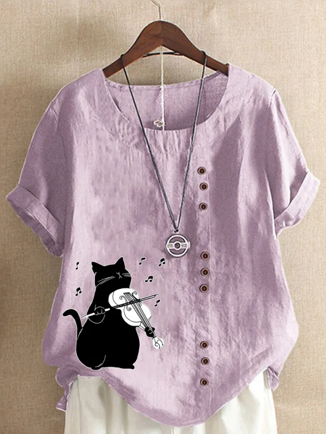 Summer Cotton And Linen Short Sleeve Top Cartoon Printed T shirt Purple - Shop at LoveMi