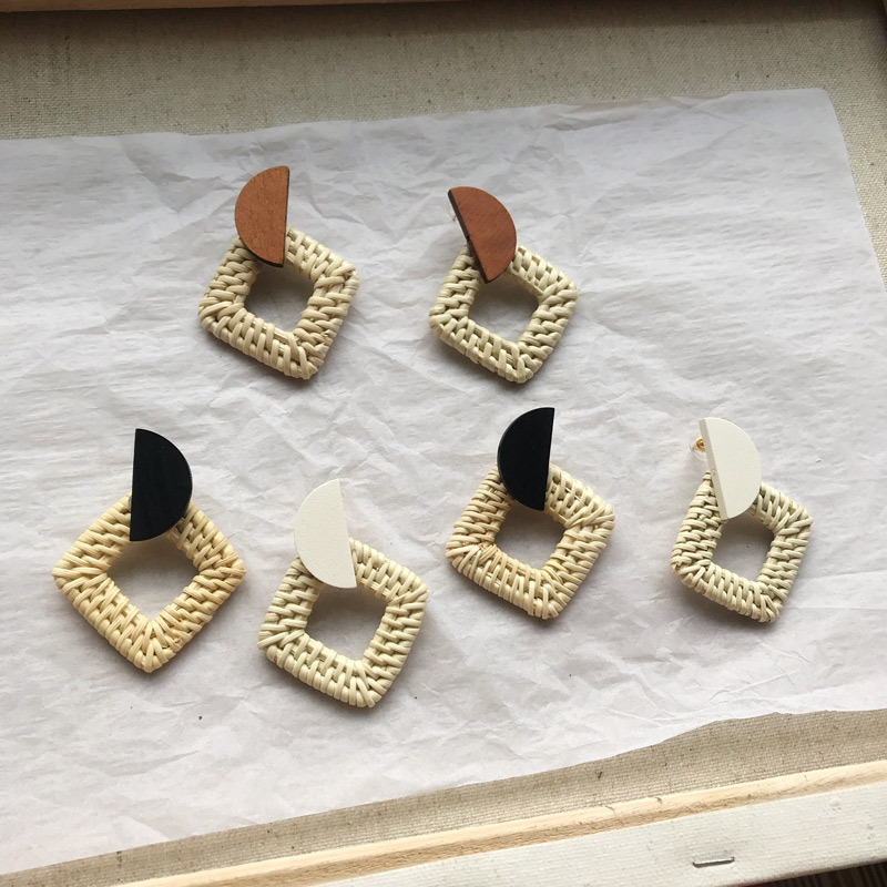 South Korea Vintage Exaggerated Geometry Round Rattan Earrings