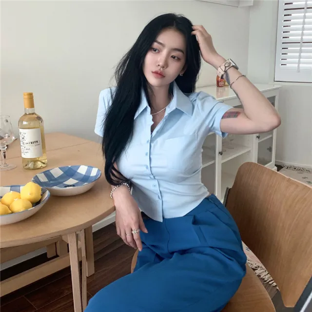 Summer Pure Desire Waist Sexy Shirt Short Sleeve Blue - Shop at LoveMi