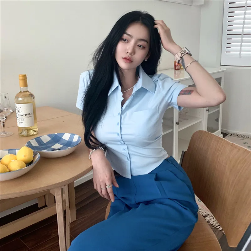 Summer Pure Desire Waist Sexy Shirt Short Sleeve - Blue