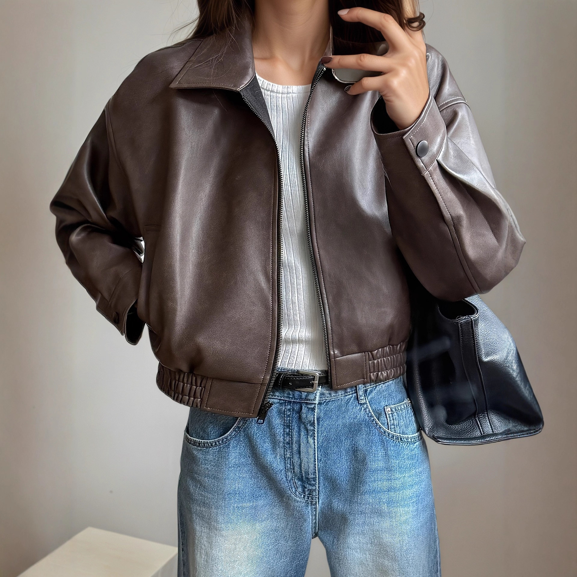 Leather Retro Jacket Long-sleeved Leather Coat