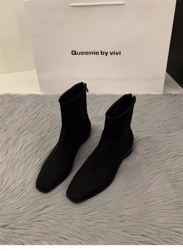 Womens Chunky Heel Suede All Match Fleece Lined Stylish Ankle Boots Black - Shop at LoveMi