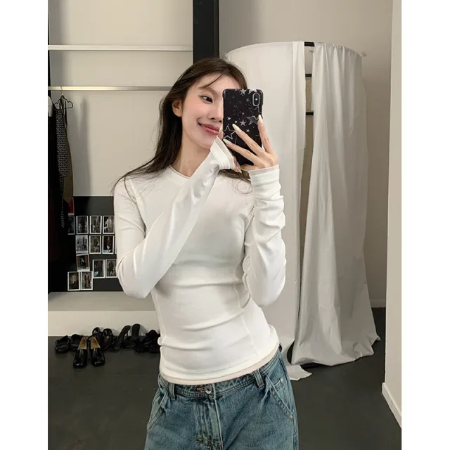 Round Neck Shoulder Wool Base Shirt Women White - Shop at LoveMi
