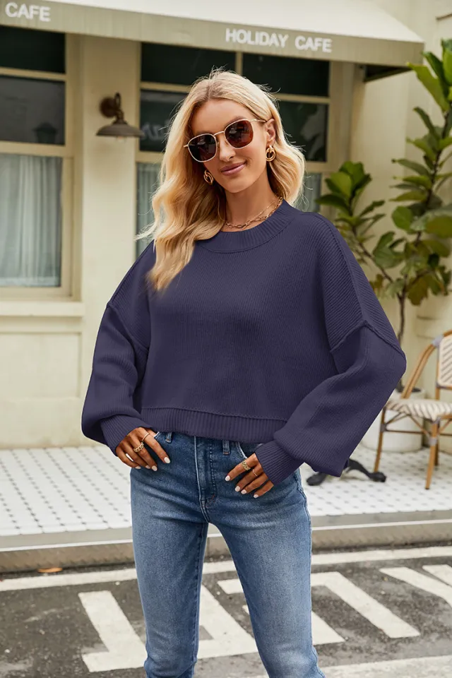 Loose Cropped Pullover Fashion Long Sleeve Round Neck Sweater Dark Blue - Shop at LoveMi