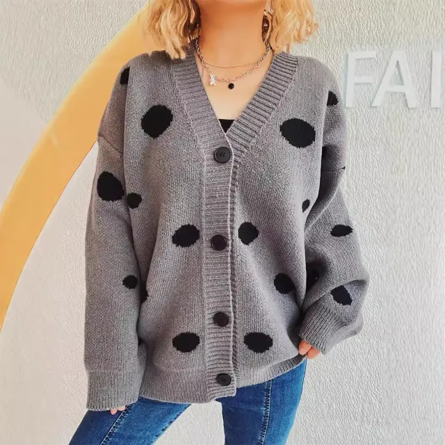 Big Dot Jacquard Knitted Cardigan V neck Coat Women Dark Gray - Shop at LoveMi