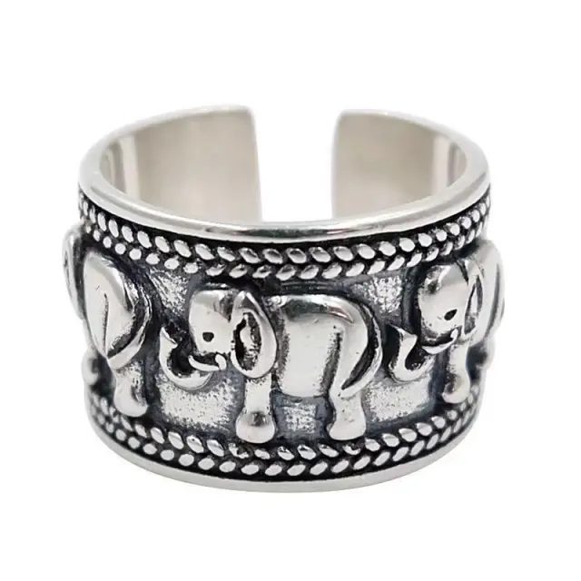 Japanese Korean Retro Ethnic Style Wide Elephant Retro Ring Elephant Ring Argent Pur - Shop at LoveMi