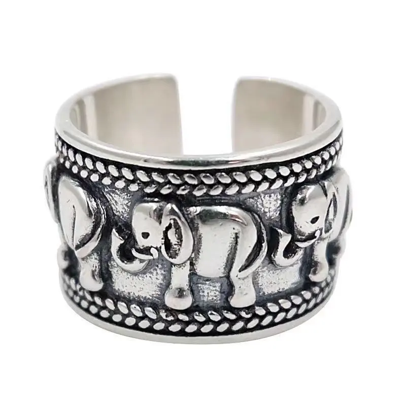 Japanese-Korean Retro Ethnic Style Wide Elephant Retro Ring - Elephant Ring Argent Pur