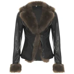 American Street Loose Fur Collar Leather Coat - Black - View 1