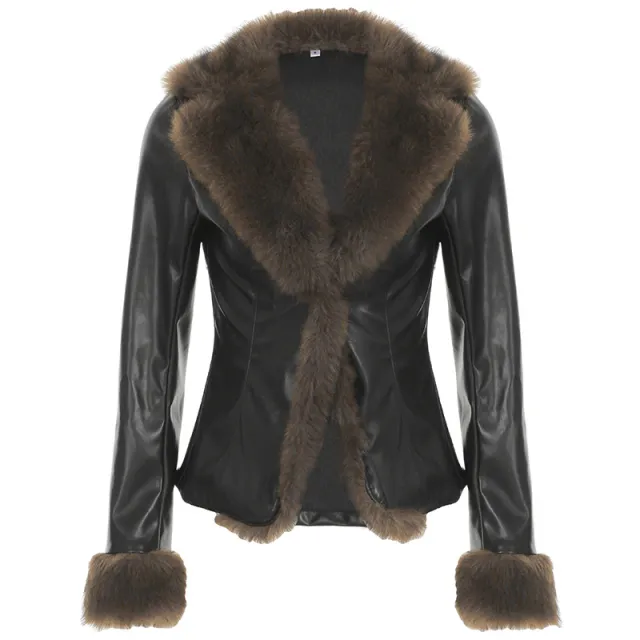 American Street Loose Fur Collar Leather Coat Black - Shop at LoveMi