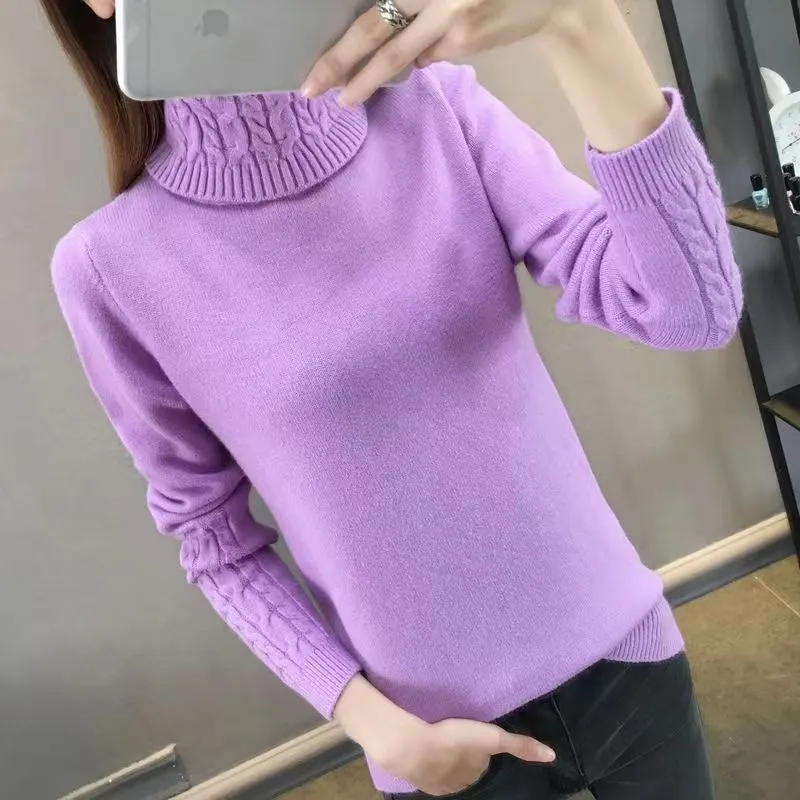 Turtleneck Cable-knit Pullover Thickened Slim Fit Slimming Sweater - Purple