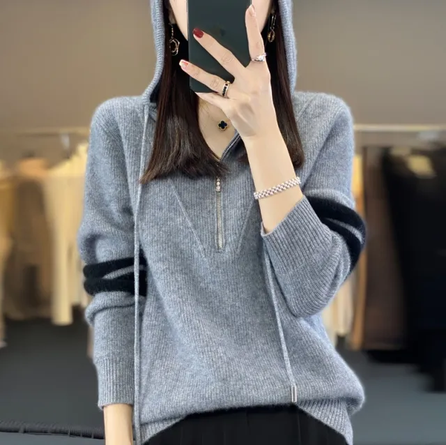 Hooded Zipper Thickening Knitwear Women's Color Matching Sweater Gray - Shop at LoveMi