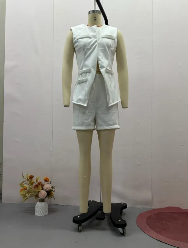 Sleeveless Multi-button Vest Casual Shorts Suit - White