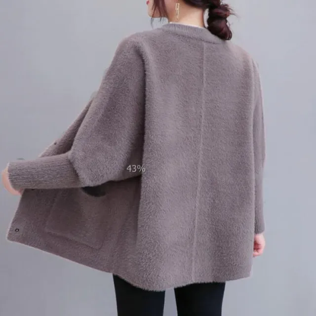 Loose All matching Thickened Double sided Velvet Knitted Cardigan Round Neck Gray - Shop at LoveMi