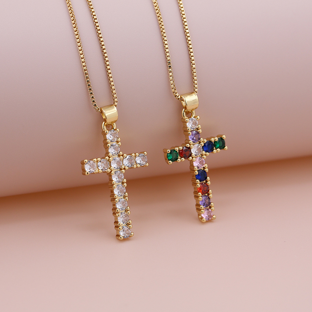 Mini Colorful Micro-Paved Zircon Cross Pendant Necklace