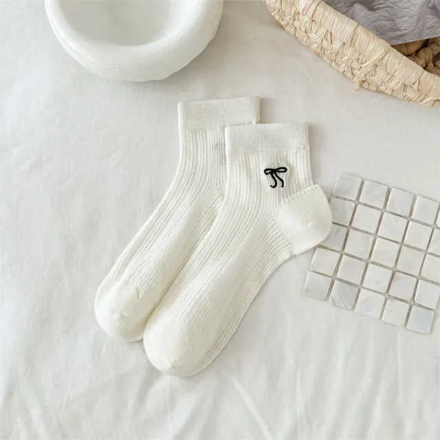 Bow Embroidered Short Thin Socks Short Tube Milky White - Shop at LoveMi