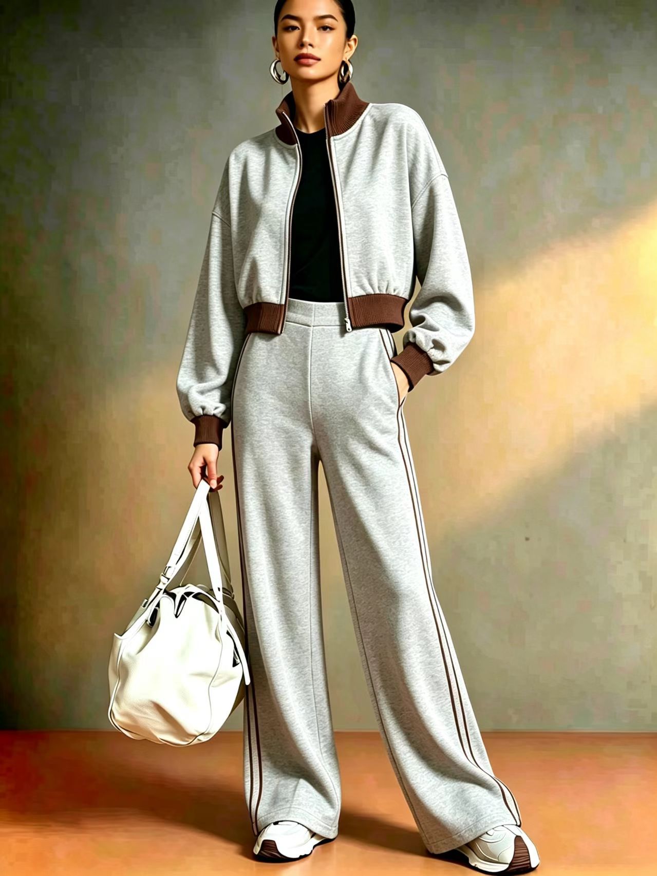 Women's color-block ribbed turtleneck two-piece set