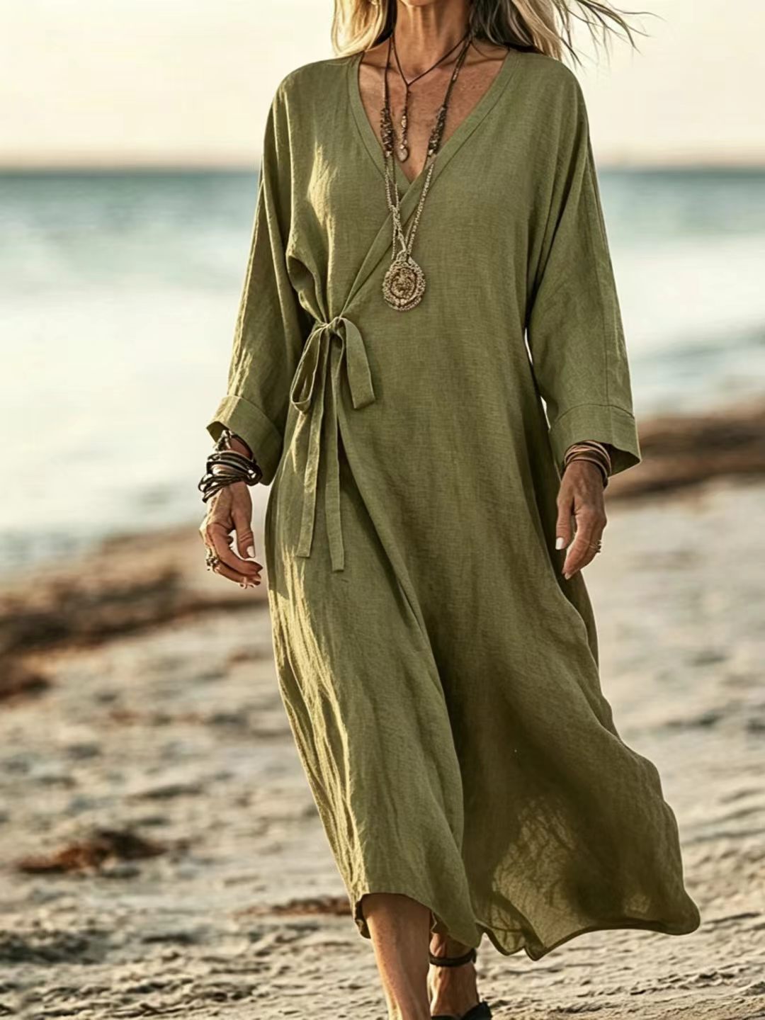 V-neck Crossover Strap Long-sleeve Resort Dress 6cdf84df 3eee 4117 9567 63098247379c