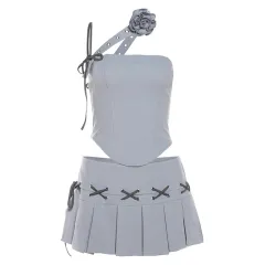 Women's Solid Colour Slim-fitting Suspenders Vest Low Waist Pleated Skirt - Grey - View 1