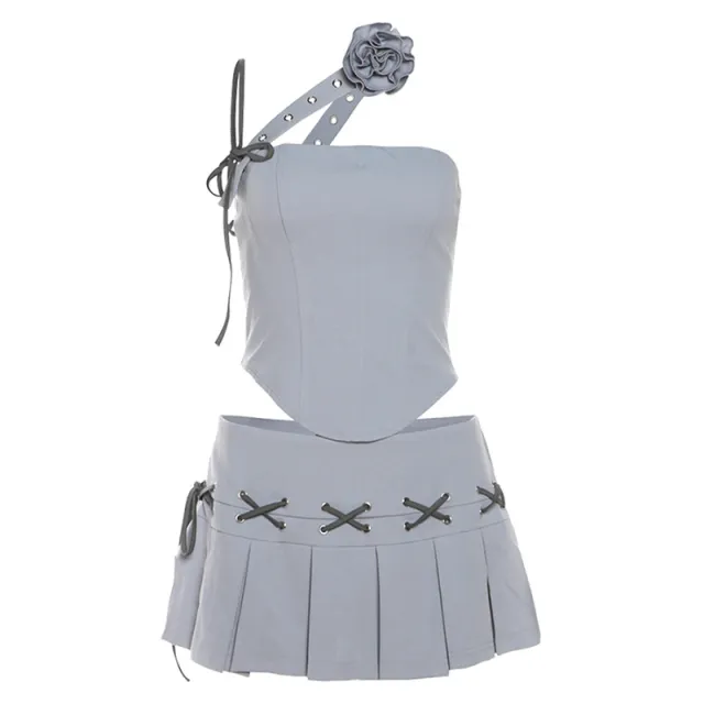 Women's Solid Color Slim fitting Suspenders Vest Low Waist Pleated Skirt Gray - Shop at LoveMi