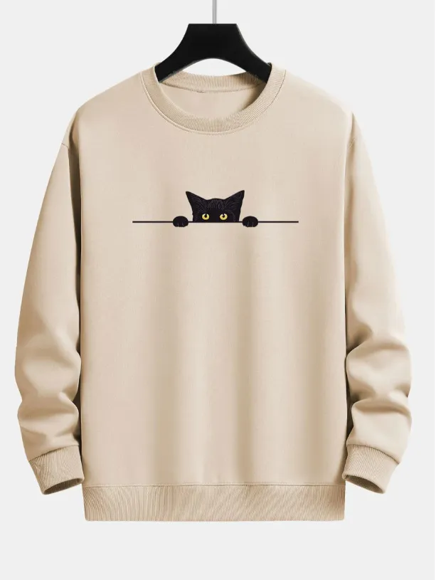 Creative Cat Print Cute Cat Round Neck Sweater Khaki Pure Cotton A11 - Shop at LoveMi
