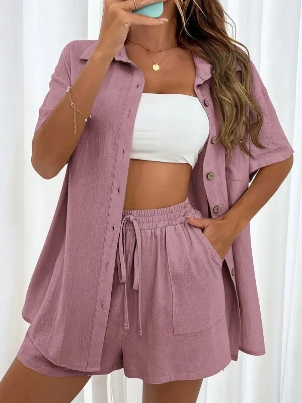 Womens Fashion Casual Shirt And Shorts Set Pink - Shop at LoveMi