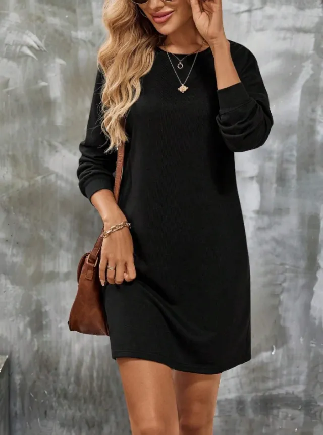 Women's Long Sleeve Round Neck Knitted Solid Color Dress Black - Shop at LoveMi