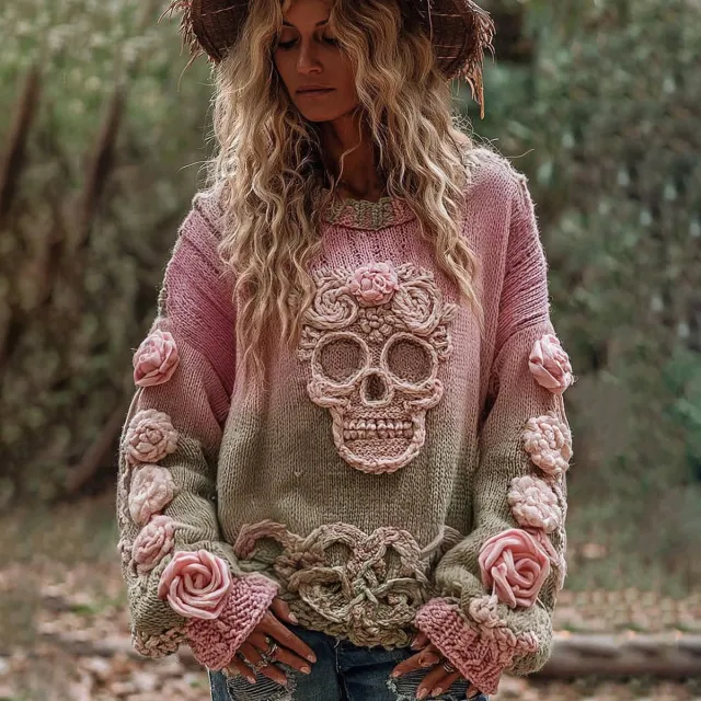 Women's Crew Neck Sweater Vintage Printed Knit Top Pink - Shop at LoveMi