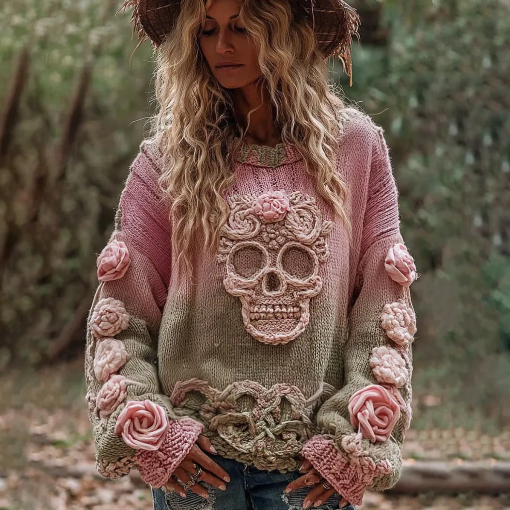 Women's Crew-Neck Sweater Vintage Printed Knit Top - Pink