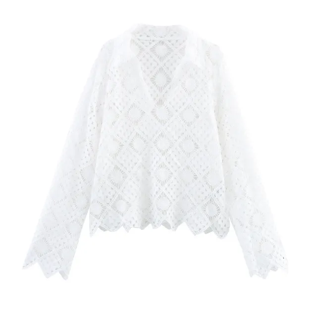 Embroidered V neck Women's Long Sleeve Shirt White - Shop at LoveMi