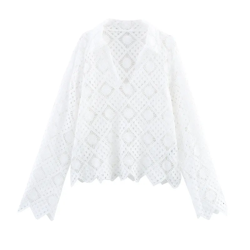 Embroidered V-neck Women's Long Sleeve Shirt - White