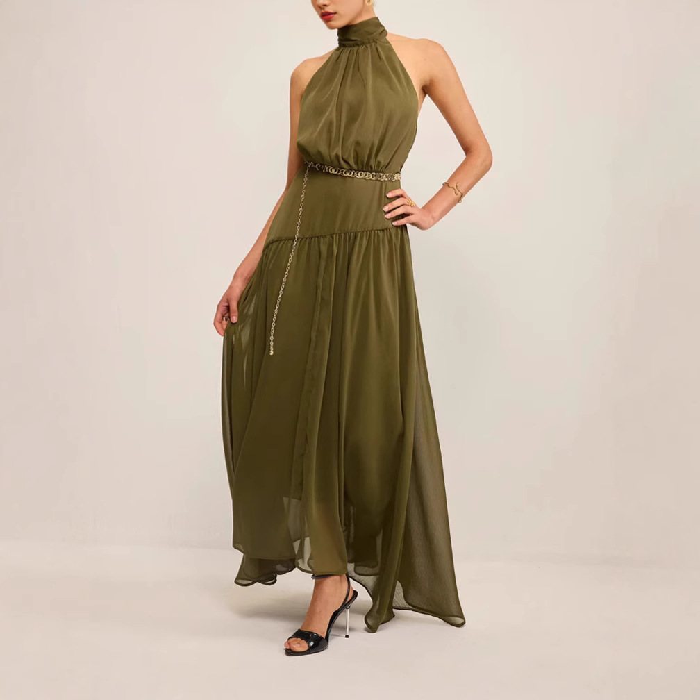 Womens Halterneck Cutout Back Dress With Flowing Ribbons