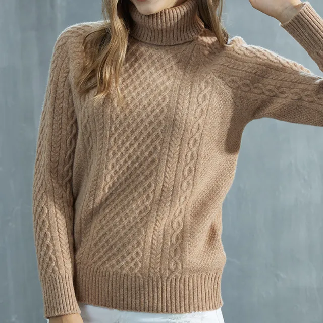 Women's High neck Cable Knit Wool Sweater Khaki - Shop at LoveMi