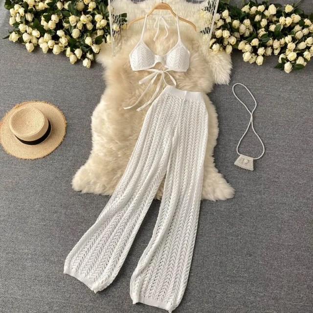 Two Piece Lace Up Top Hollowed Out Knit Wide Leg Pants Set White - Shop at LoveMi