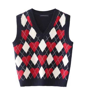 Retro Preppy Style Versatile Diamond-Check BM Knitted Vest