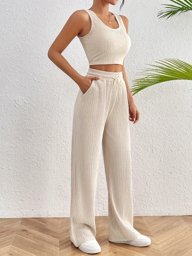 Women's Sports Fashion Casual Vest Loose Trousers Two piece Set Apricot - Shop at LoveMi