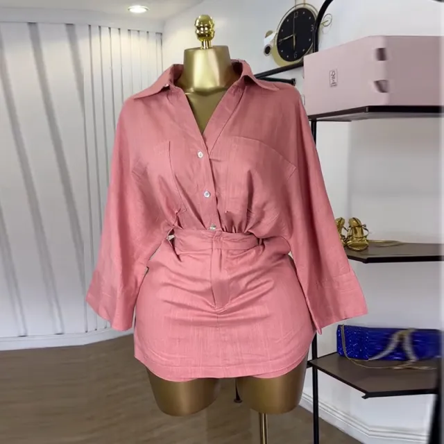 Women's Summer Sweet Comely Turn down Collar Shirt Culottes Two piece Set Pink - Shop at LoveMi