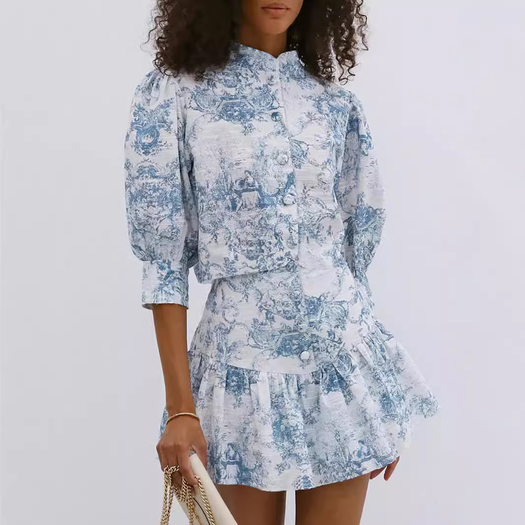 Fashion Small Stand Collar Printing Slim Fit Skirt Suit