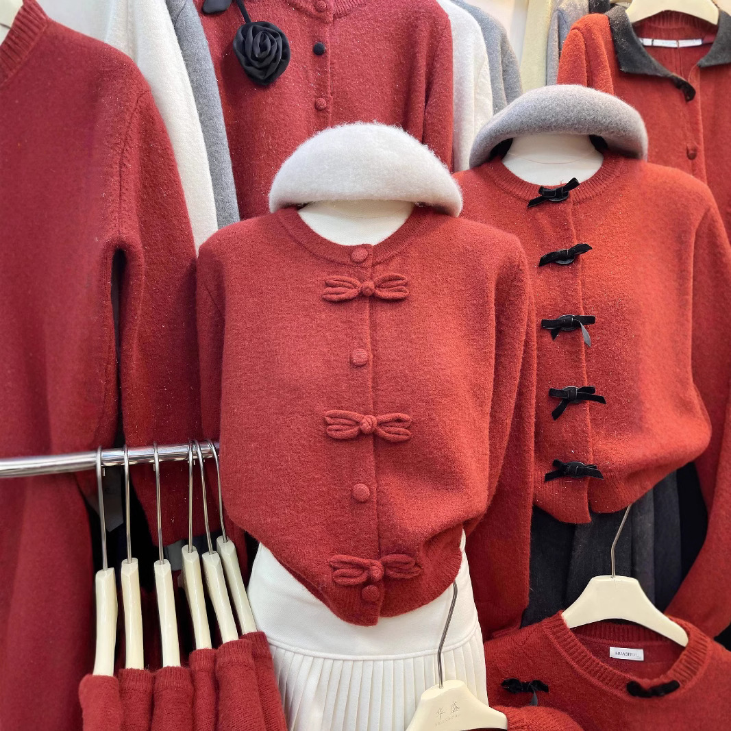 Red Cardigan Chinese Knot Round Neck Bandage Dress Sweater Women's Top
