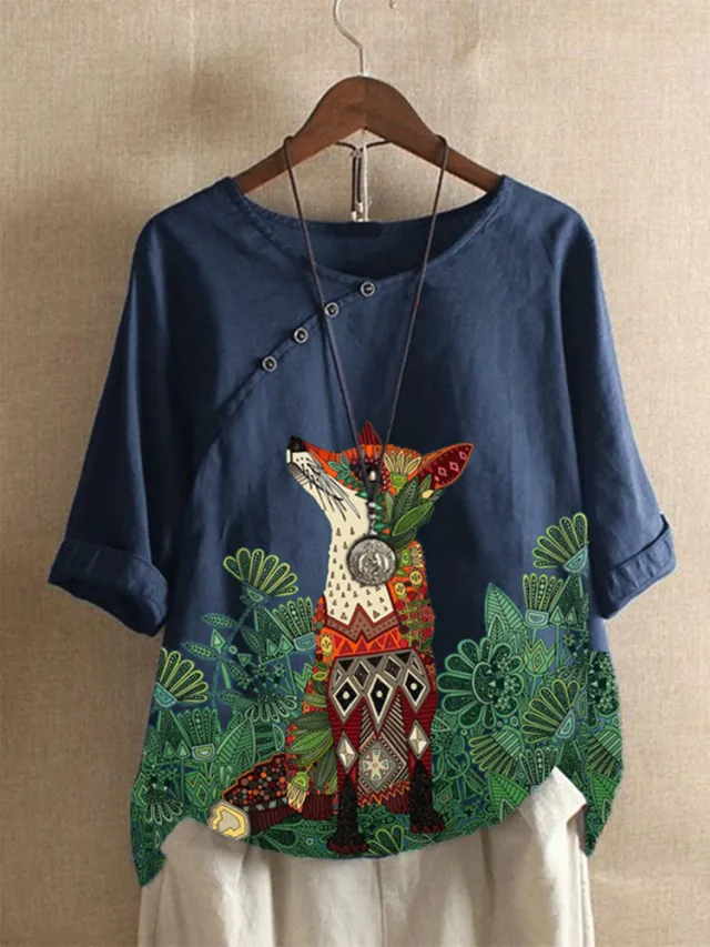Wolf Head Printed Cotton And Linen T shirt Dark Blue - Shop at LoveMi
