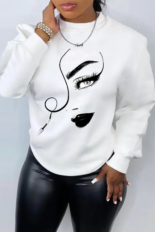 Printed Long Sleeve Crew Neck Casual Loose Sweater White - Shop at LoveMi
