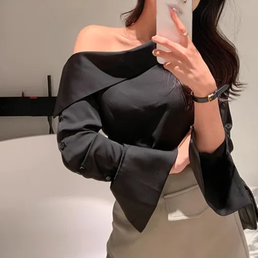 Womens Solid Color Off the Shoulder Button Down Korean Style Fashion Shirt Black - Shop at LoveMi