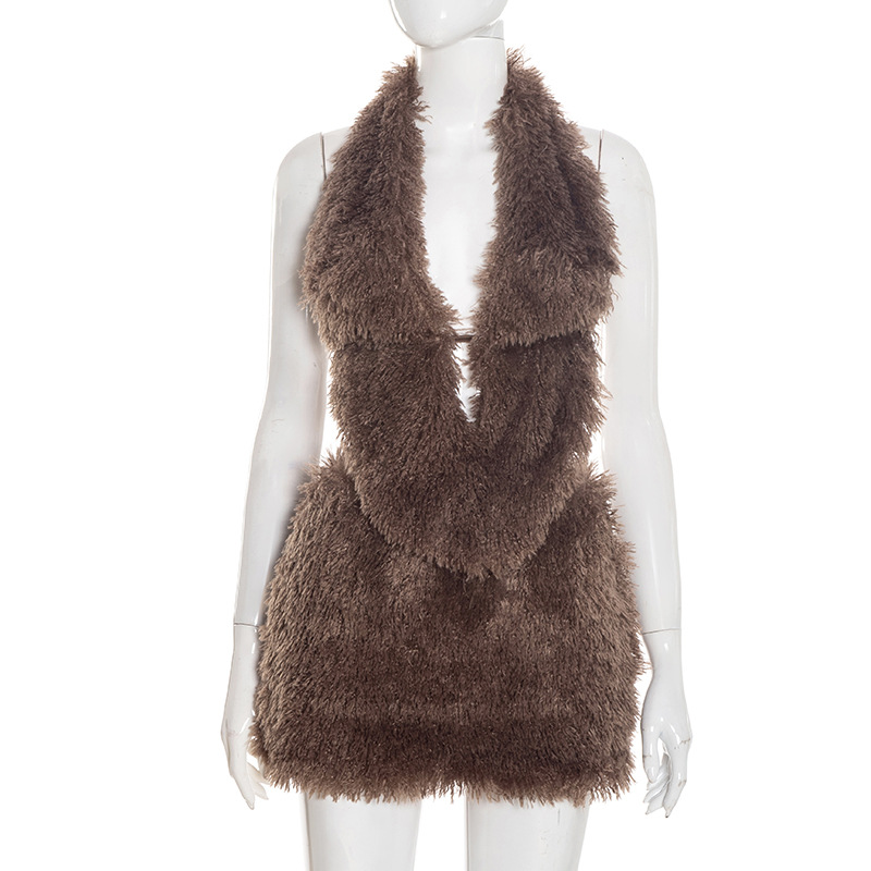 Fuzzy Collar Brown Patchwork Skirt Set for Autumn Winter Fuzzy Collar Brown Patchwork Skirt Set for Autumn Winter