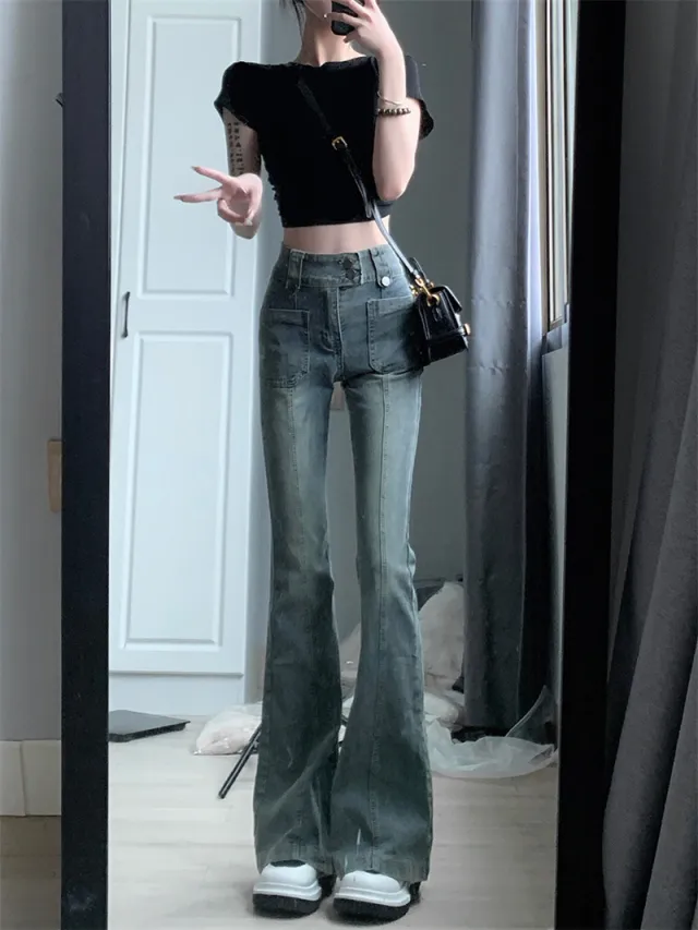 American style Retro Skinny Jeans Women's High Waist Slimming Vintage Blue - Shop at LoveMi
