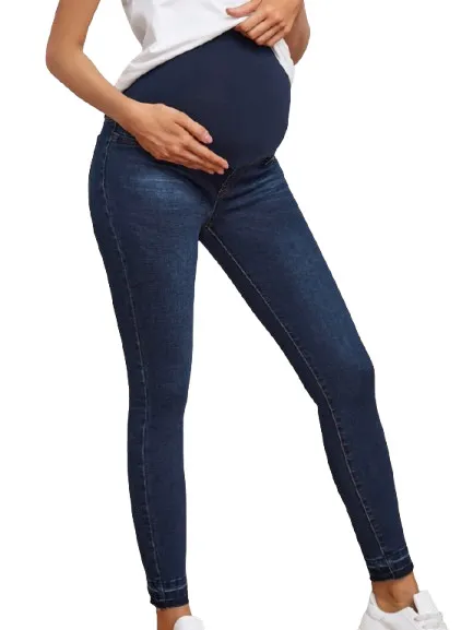 Pregnant Women High Waist Belly Support Denim Trousers Dark Blue - Shop at LoveMi